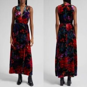 Farm Rio Flower Season Crushed Velvet Boho Sleeveless Plunge Maxi Wrap Dress NWT